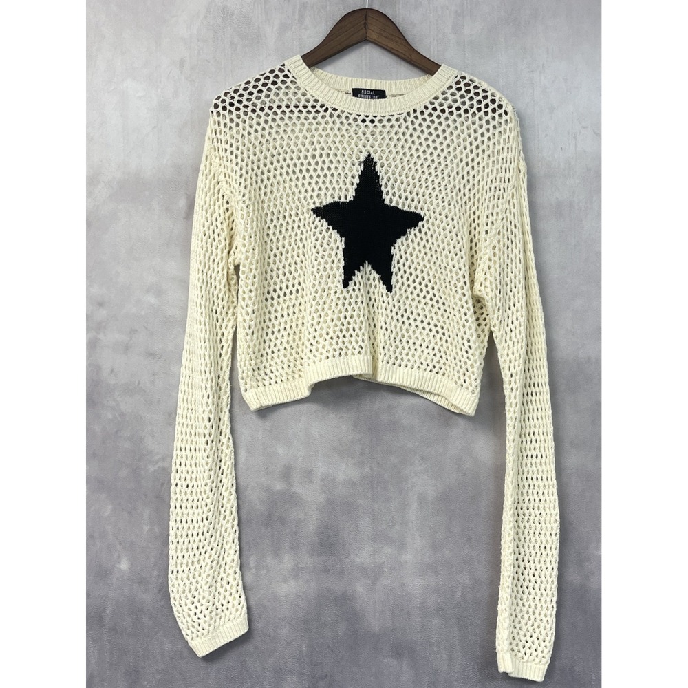 Social Collision Womens Star Mesh Crochet Sweater Size M Edgy Indie Goth Grunge